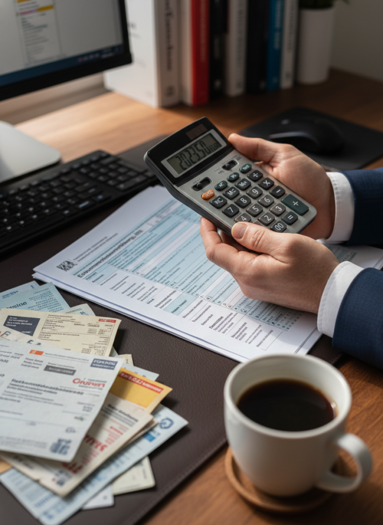 Fig 2: Person berechnet Steuererklärung am Schreibtisch neben hohen Energierechnungen