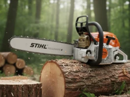 Stihl MS 300 C-M Kettensäge auf einem Baumstamm im Wald für einen detaillierten Praxischeck und Wirtschaftscheck.