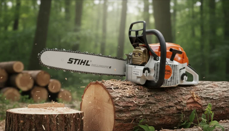Stihl MS 300 C-M Kettensäge auf einem Baumstamm im Wald für einen detaillierten Praxischeck und Wirtschaftscheck.