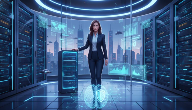 Frau im futuristischen Serverraum zur Storage Security 2026, Psychologie des Risikos und Schutz des digitalen Kapitals.