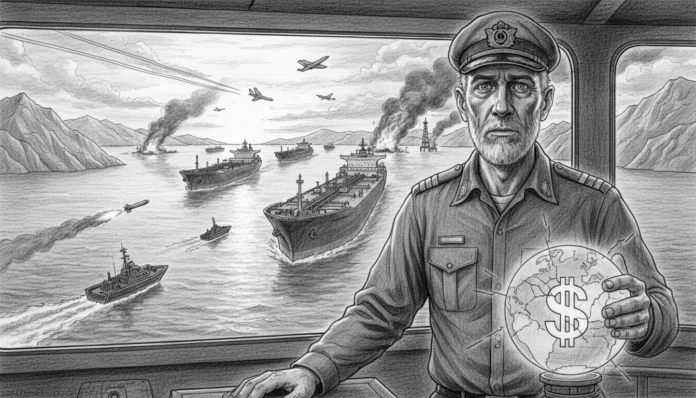 Eskalation an der Straße von Hormus: Kapitän blickt auf Konflikt mit Öltankern und Dollar-Globus zum steigenden Ölpreis.