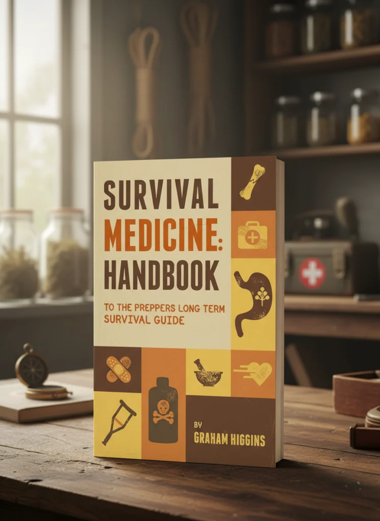 A book titled 'Survival Medicine: Handbook' by Graham Higgins stands on a rustic wooden table. The book cover features a grid of various medical-related icons such as a bone, first aid kit, stomach, bandages, poison bottle, and mortar and pestle. The background shows a blurred workshop or storage room with shelves of jars and other tools.
