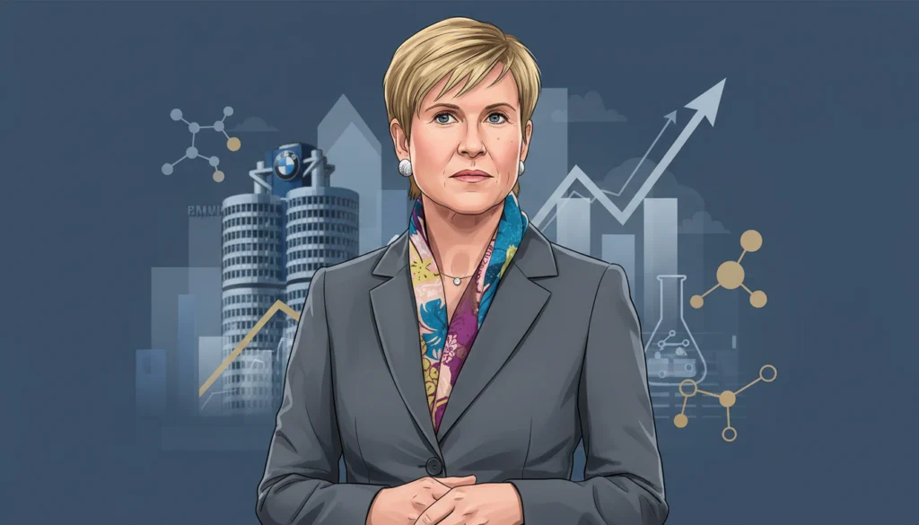 Susanne Klatten vor BMW-Gebäude und Kursgrafiken illustriert das Vermögen der reichsten Frau Deutschlands.