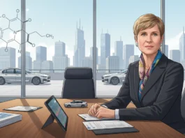 Susanne Klatten, reichste Frau Deutschlands, am Schreibtisch mit BMW-Autos und Chemieformel vor einer Skyline.