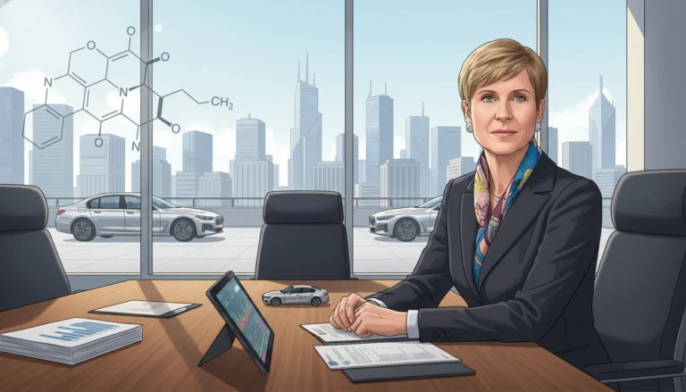 Susanne Klatten, reichste Frau Deutschlands, am Schreibtisch mit BMW-Autos und Chemieformel vor einer Skyline.