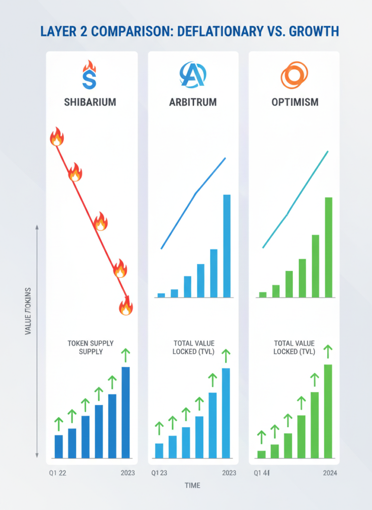 Fig 2: Vergleichschart Shibarium, Arbitrum und Optimism mit Fokus auf Token-Burn