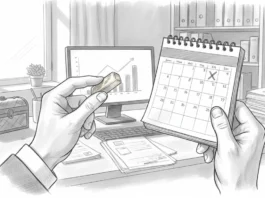 Was sind die steuerlichen Folgen beim Goldverkauf in Deutschland nach einem Jahr? Hände halten Goldbarren und Kalender; Prüfung der steuerlichen Folgen beim Goldverkauf in Deutschland nach einem Jahr.