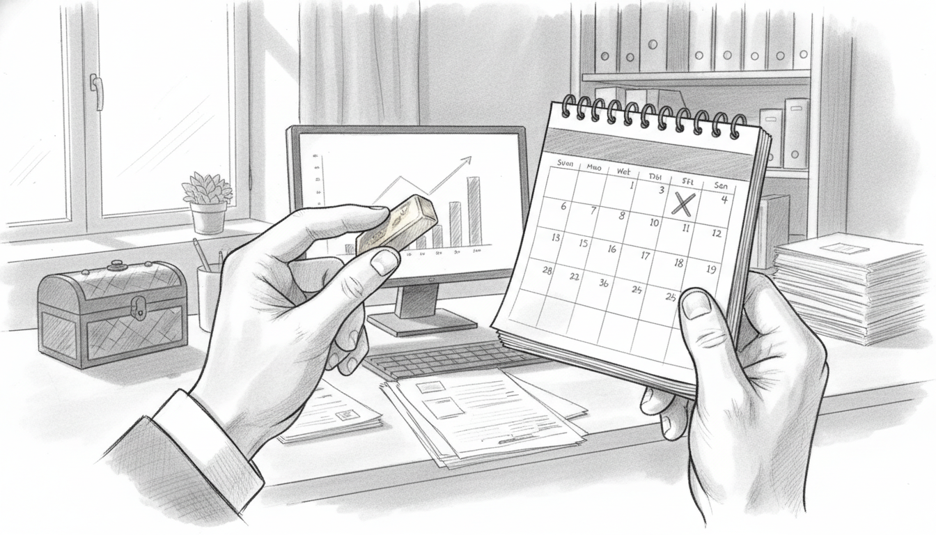 tax-consequences-gold-sale-germany-one-year.webp Hände halten Goldbarren und Kalender; Prüfung der steuerlichen Folgen beim Goldverkauf in Deutschland nach einem Jahr.