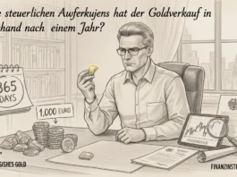 Steuerliche Auswirkungen beim Goldverkauf nach einem Jahr: Mann analysiert physisches Gold an seinem Schreibtisch.
