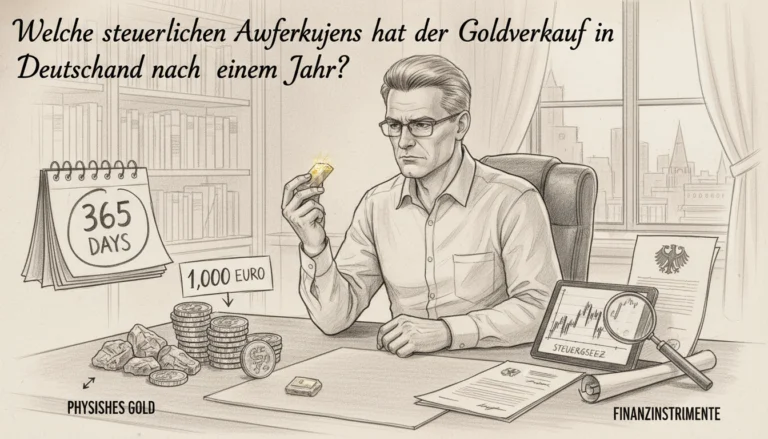 Steuerliche Auswirkungen beim Goldverkauf nach einem Jahr: Mann analysiert physisches Gold an seinem Schreibtisch.