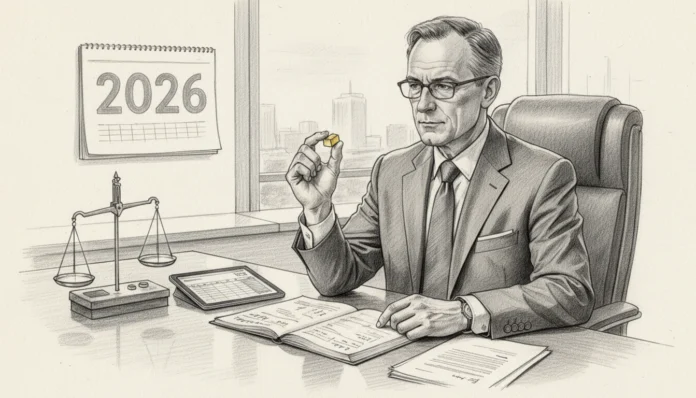 Experte prüft 3-Gramm-Goldbarren für steuerliche Implikationen von Kleinstanlagen 2026 vor Justitia-Waage.