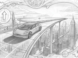 Tesla auf futuristischer Hochstraße versinnbildlicht den Autonomie-Durchbruch 2026 und den Wandel der Marktpsychologie.