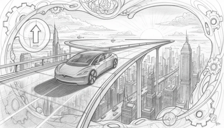 Tesla auf futuristischer Hochstraße versinnbildlicht den Autonomie-Durchbruch 2026 und den Wandel der Marktpsychologie.