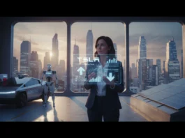 Analyse der Tesla Aktie im Jahr 2026 mit Frau vor Robotaxi, Tesla-Bot und Solaranlagen in futuristischer Stadt.