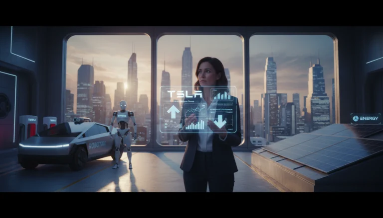 Analyse der Tesla Aktie im Jahr 2026 mit Frau vor Robotaxi, Tesla-Bot und Solaranlagen in futuristischer Stadt.