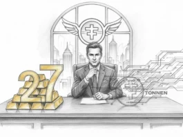 Eine Bleistiftzeichnung eines Geschäftsmannes an einem Schreibtisch, die den Goldkauf von Tether darstellt. Auf der linken Seite stapeln sich Goldbarren unter der großen Zahl 27, während auf der rechten Seite digitale Schaltkreise und das Wort 'TONNEN' zu sehen sind. Im Hintergrund ist eine Stadt-Skyline und ein geflügeltes Emblem erkennbar.