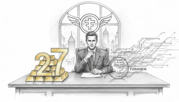 Eine Bleistiftzeichnung eines Geschäftsmannes an einem Schreibtisch, die den Goldkauf von Tether darstellt. Auf der linken Seite stapeln sich Goldbarren unter der großen Zahl 27, während auf der rechten Seite digitale Schaltkreise und das Wort 'TONNEN' zu sehen sind. Im Hintergrund ist eine Stadt-Skyline und ein geflügeltes Emblem erkennbar.