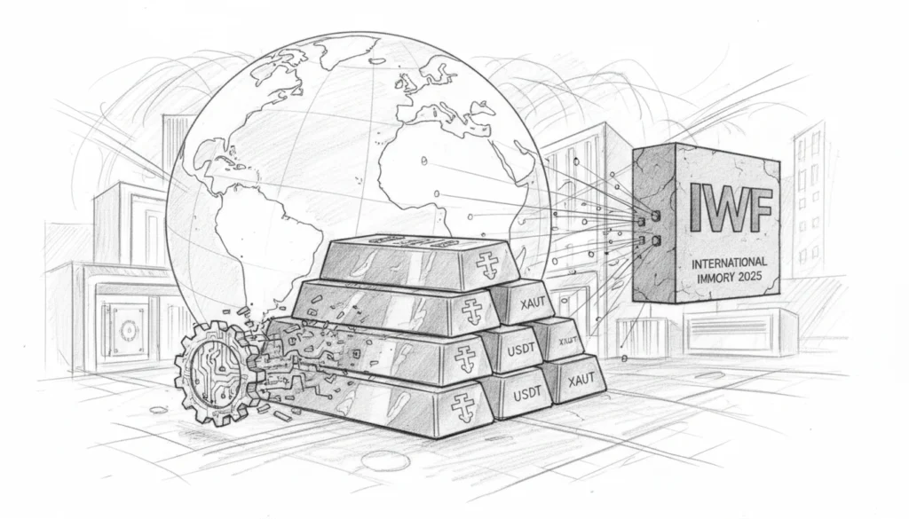 Eine künstlerische Skizze illustriert Tether als einen der 30 weltweit größten Goldbesitzer. Im Vordergrund stapeln sich Goldbarren, die mit USDT und XAUT gekennzeichnet sind. Ein Zahnrad mit Mikrochip-Struktur greift in die Barren ein, während im Hintergrund ein Globus und ein Steinblock mit der Aufschrift IWF (Internationaler Währungsfonds) die globale finanzielle Bedeutung und die Datenbasis von 2025 darstellen.