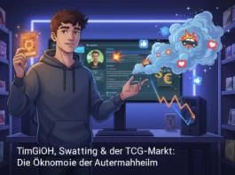 TimGiOH hält Sammelkarte vor Grafiken zur Ökonomie der Aufmerksamkeit und Markttrends im digitalen TCG-Markt.
