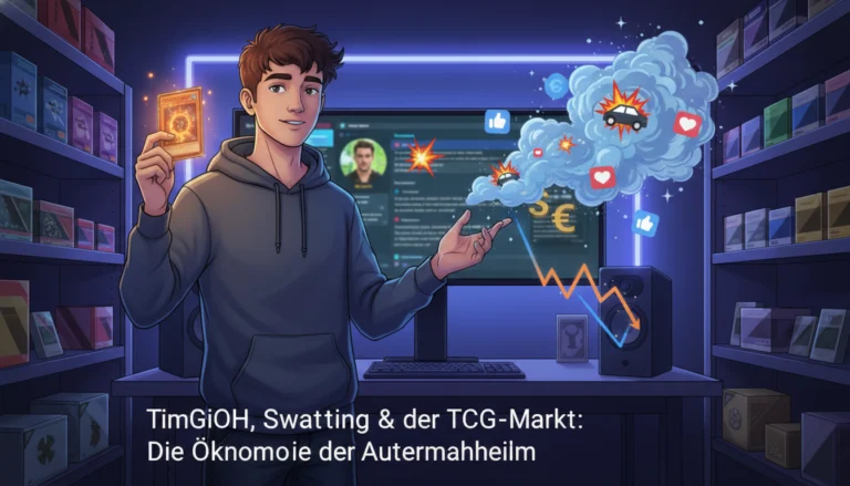 TimGiOH hält Sammelkarte vor Grafiken zur Ökonomie der Aufmerksamkeit und Markttrends im digitalen TCG-Markt.