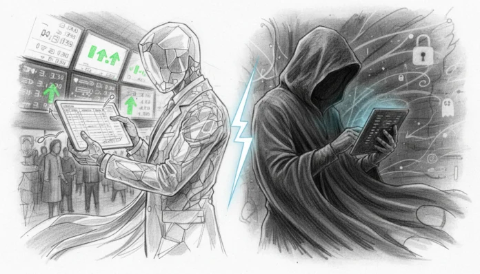 transparent-investor-vs-ghost-mode-anonymous-watchlist-2026.webp Der gläserne Anleger vor Kurscharts im Vergleich zum Ghost-Mode für die anonyme Watchlist im Schatten.