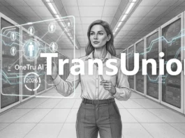 Frau im Serverraum nutzt TransUnion OneTru KI für die Kreditprüfung 2026 an einem futuristischen Interface.