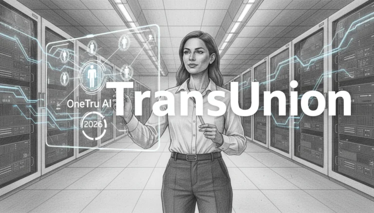 Frau im Serverraum nutzt TransUnion OneTru KI für die Kreditprüfung 2026 an einem futuristischen Interface.