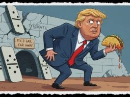 Karikatur von Trump mit Taco vor bröckelnder Debatten-Wand als Sinnbild für die TACO-Strategie (Trump Always Chickens Out).
