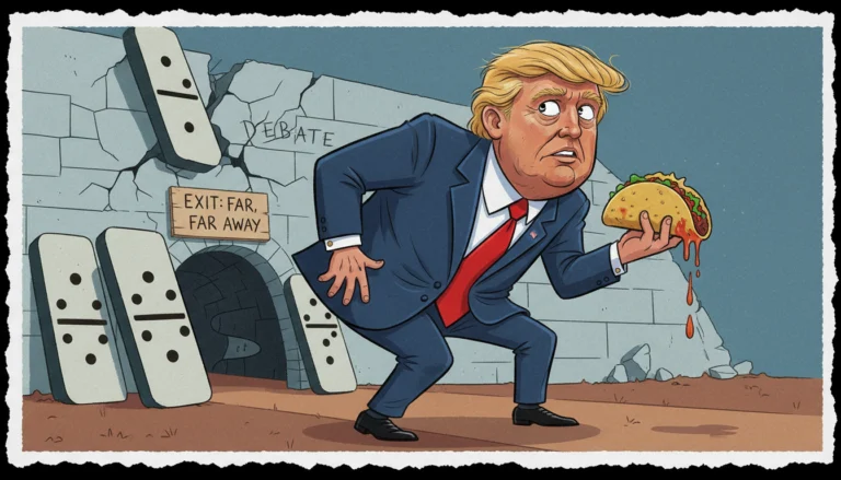 Karikatur von Trump mit Taco vor bröckelnder Debatten-Wand als Sinnbild für die TACO-Strategie (Trump Always Chickens Out).