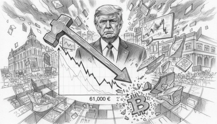 Donald Trump vor fallendem Bitcoin-Kurs unter 61.000 € und einem Zoll-Hammer, der das Ende der Trump-Rallye symbolisiert.