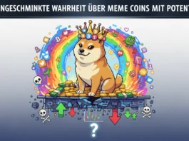 Doge-Hund mit Krone auf Goldmünzen vor Regenbogen verdeutlicht die ungeschminkte Wahrheit über Meme Coins mit Potenzial.