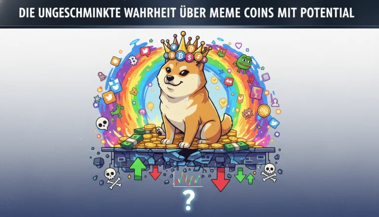 Doge-Hund mit Krone auf Goldmünzen vor Regenbogen verdeutlicht die ungeschminkte Wahrheit über Meme Coins mit Potenzial.