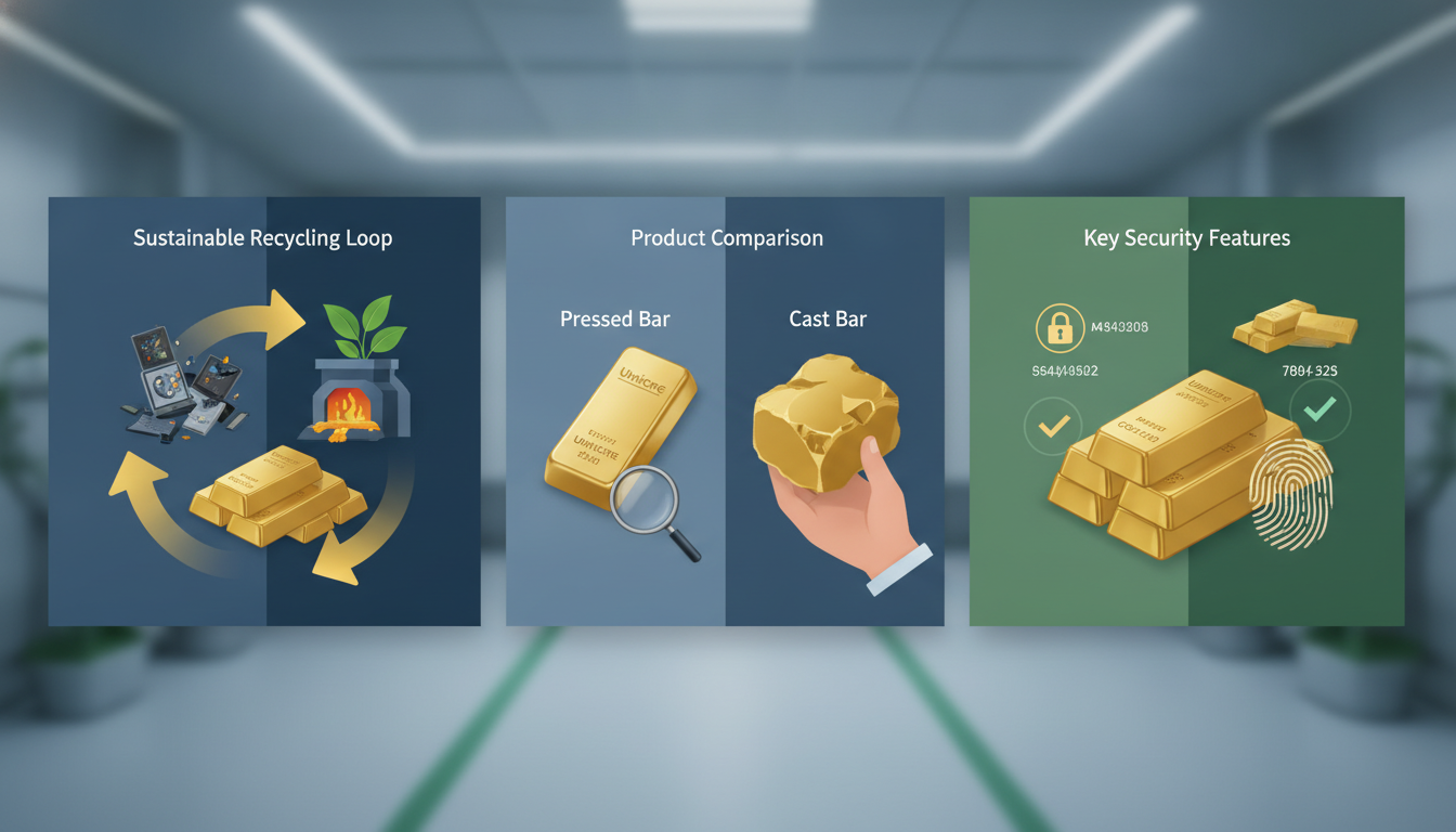Details zu Umicore Goldbarren und dem Umicore Goldwert: Recycling, geprägte vs. gegossene Barren und Sicherheitsmerkmale.