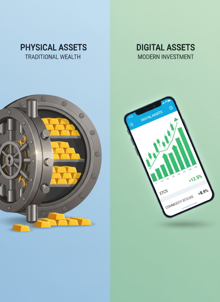 Fig 3: Vergleich zwischen physischem Gold im Tresor und einem digitalen ETC-Portfolio auf dem Smartphone