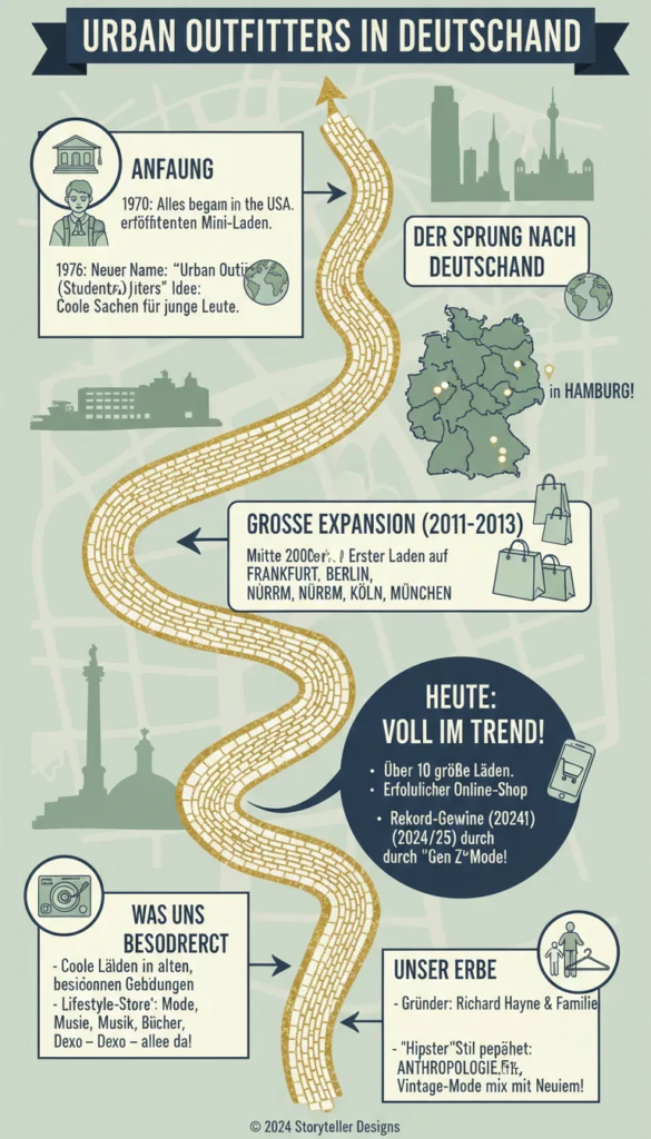 Eine Infografik mit dem Titel 'URBAN OUTFITTERS IN DEUTSCHLAND', die die Unternehmensgeschichte als kurvige Zeitachse in Form eines gelben Ziegelwegs darstellt. Sie beschreibt die Anfänge 1970 in den USA, den Markteintritt in Deutschland über Hamburg, die Expansion in Großstädte wie Berlin und München zwischen 2011 und 2013 sowie den heutigen Erfolg durch Gen-Z-Trends. Weitere Abschnitte heben das Konzept von Lifestyle-Stores in historischen Gebäuden und das Erbe der Gründerfamilie Richard Hayne hervor.