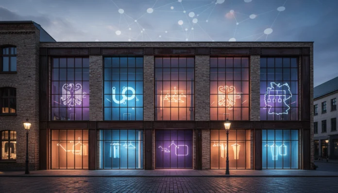 Ein beleuchtetes, zweistöckiges Ladengeschäft von Urban Outfitters in einem Backsteingebäude in Deutschland bei Abenddämmerung. Hinter den großen Glasfronten leuchten neonfarbene Symbole wie der Bundesadler, das UO-Logo, eine stilisierte Deutschlandkarte und Kleiderbügel in Blau, Orange und Violett. Über dem Gebäude ist eine weiße digitale Netzwerk-Grafik eingeblendet.