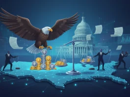 Eine detaillierte Illustration zur US-Kryptoregulierungslandschaft: Ein mächtiger Weißkopfseeadler thront auf Stapeln von Kryptomünzen wie Ethereum über einer blau leuchtenden digitalen Karte der USA. Im Hintergrund ist das US-Kapitol zu sehen. Eine Waage wiegt verschiedene digitale Währungen ab, während schemenhafte Figuren in Anzügen politische und regulatorische Prozesse steuern, umgeben von schwebenden Dokumenten und Datenvisualisierungen.