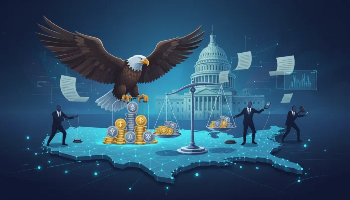 Eine detaillierte Illustration zur US-Kryptoregulierungslandschaft: Ein mächtiger Weißkopfseeadler thront auf Stapeln von Kryptomünzen wie Ethereum über einer blau leuchtenden digitalen Karte der USA. Im Hintergrund ist das US-Kapitol zu sehen. Eine Waage wiegt verschiedene digitale Währungen ab, während schemenhafte Figuren in Anzügen politische und regulatorische Prozesse steuern, umgeben von schwebenden Dokumenten und Datenvisualisierungen.