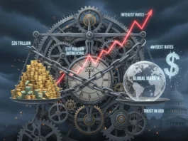 Die Mechanik der Krise: US-Schuldenobergrenze 2026 & globale Märkte Komplexe Mechanik mit Waage zwischen US-Schulden und globalen Märkten zur US-Schuldenobergrenze 2026 vor dem Capitol.