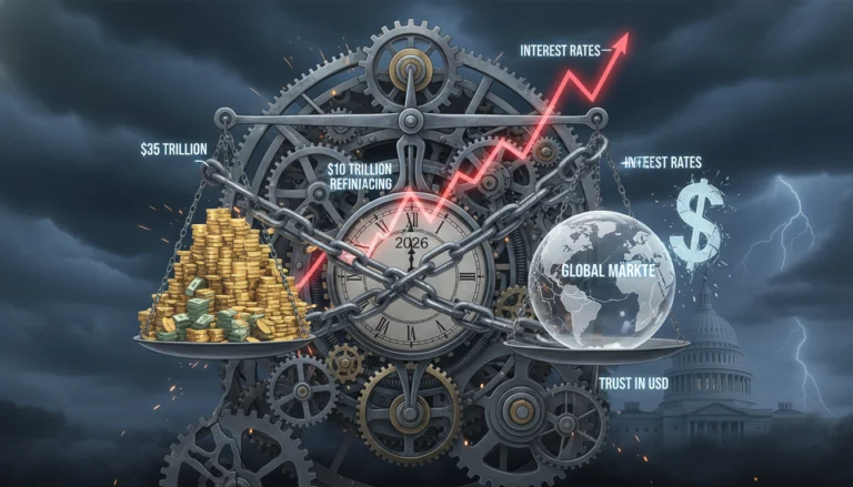 Komplexe Mechanik mit Waage zwischen US-Schulden und globalen Märkten zur US-Schuldenobergrenze 2026 vor dem Capitol.