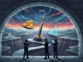 Waage im US-Schuldenstreit 2026 zeigt Gold gegen Staatsverschuldung im Großen Schuldenzyklus vor stürmischem Canyon.
