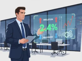 Geschäftsmann analysiert US-Inflation und die Prognose von 2,4% auf einem digitalen Display für Anleger.