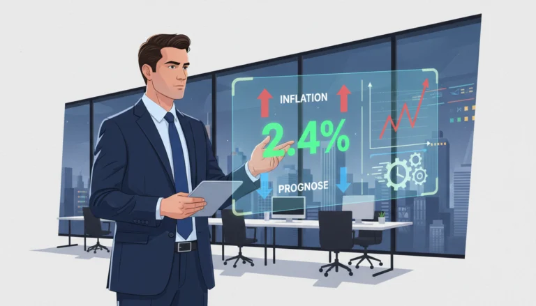Geschäftsmann analysiert US-Inflation und die Prognose von 2,4% auf einem digitalen Display für Anleger.