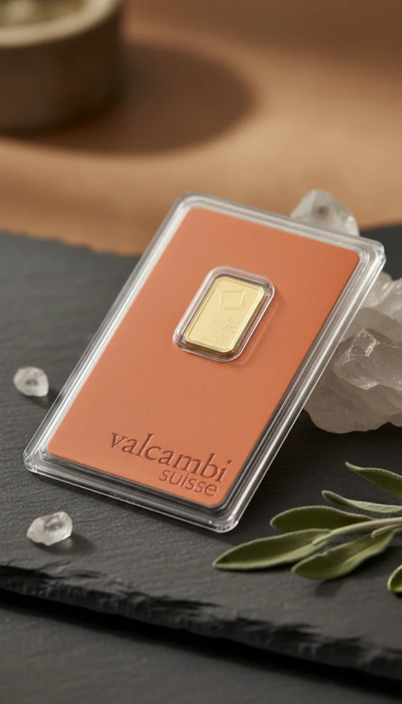 A small Valcambi Suisse gold bar encased in an orange assay card and clear protective holder, resting on a dark slate surface with white crystals and green sage leaves.