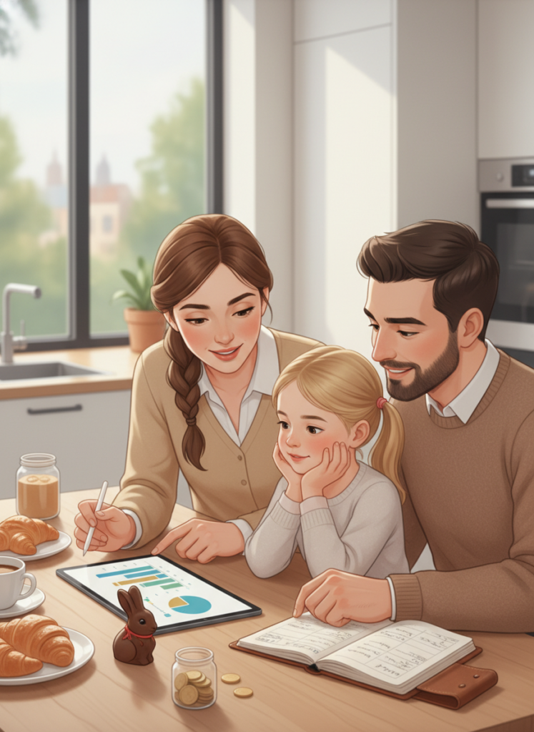 Mutter erklärt ihrer Tochter am Küchentisch anhand eines Haushaltsbuchs und eines einfachen Schokohasen den bewussten Umgang mit Geld. verbraucherschutz und die psychologie des feiertagskonsums 3ex2