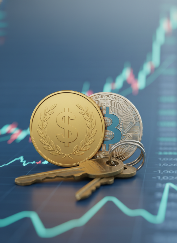 Bitcoin und Goldmünze liegen auf Wohnungsschlüsseln als Symbol für Anlagevergleich