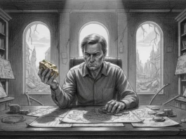 Die Vermögens-Falle 2026: Warum Gold und Silber jetzt Ihre letzte Bastion sind Mann hält Gold als Bastion gegen die Vermögens-Falle 2026, umgeben von Silbermünzen vor einer Ruinenstadt.