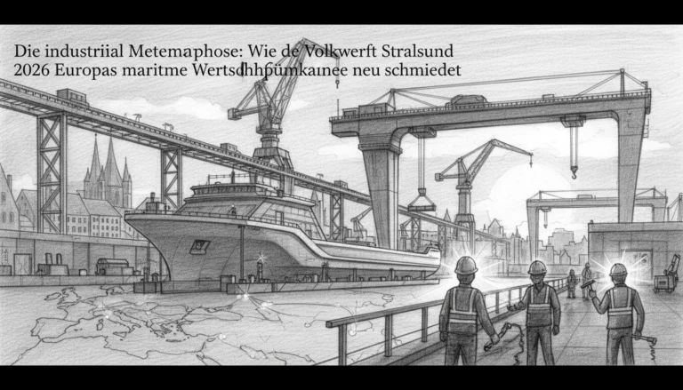 Industrielle Metamorphose der Volkswerft Stralsund: Arbeiter gestalten 2026 Europas maritime Wertschöpfungskette.