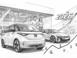 Eine detailreiche Bleistiftzeichnung zeigt einen VW ID. Buzz und einen Audi e-tron vor einem modernen Autohaus. Ein Paar betrachtet besorgt ein Tablet, während im Hintergrund eine Grafik mit einem steilen Aufwärtspfeil und der Jahreszahl 2026 zu sehen ist. Eine explodierende Wolke aus Währungssymbolen (Euro, Dollar, Yen) und ein steigender Kursgraph symbolisieren die prognostizierte Preisexplosion für Fahrzeuge dieser Marken.