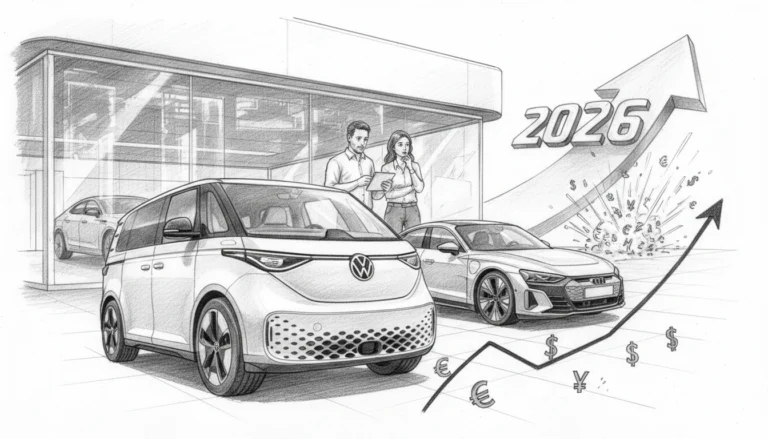 Eine detailreiche Bleistiftzeichnung zeigt einen VW ID. Buzz und einen Audi e-tron vor einem modernen Autohaus. Ein Paar betrachtet besorgt ein Tablet, während im Hintergrund eine Grafik mit einem steilen Aufwärtspfeil und der Jahreszahl 2026 zu sehen ist. Eine explodierende Wolke aus Währungssymbolen (Euro, Dollar, Yen) und ein steigender Kursgraph symbolisieren die prognostizierte Preisexplosion für Fahrzeuge dieser Marken.